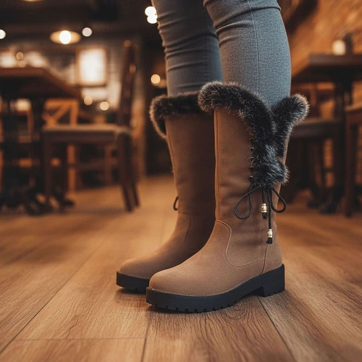 Women's Lug-Sole Winter Knee Boots with Plush Lining and Faux Fur Cuff