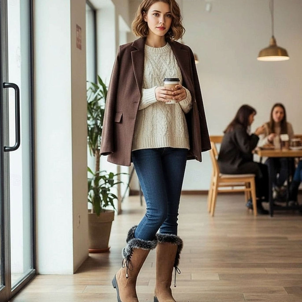 Women's Lug-Sole Winter Knee Boots with Plush Lining and Faux Fur Cuff