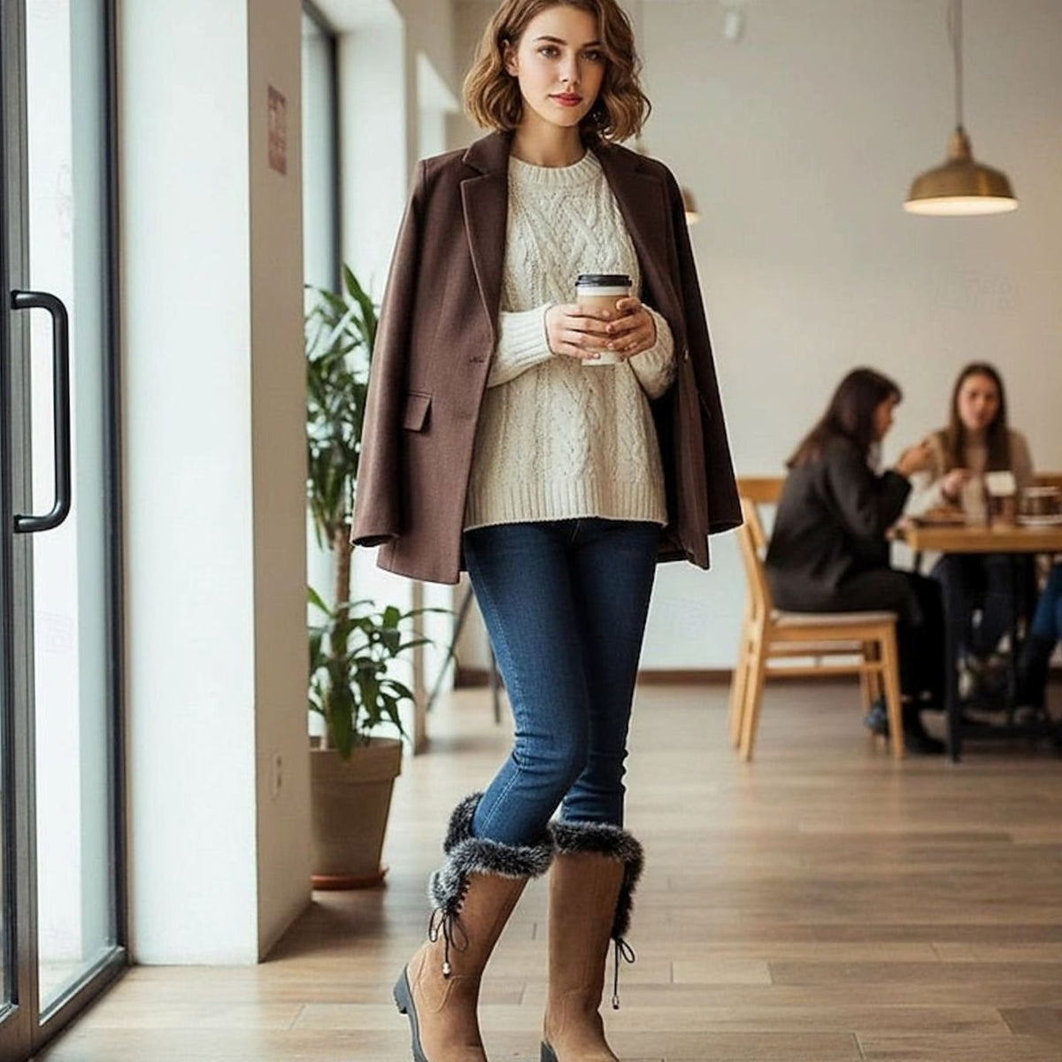 Women's Lug-Sole Winter Knee Boots with Plush Lining and Faux Fur Cuff