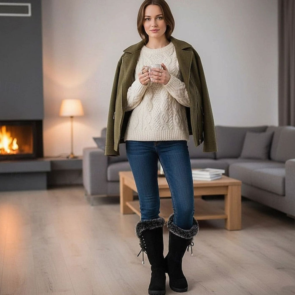 Women's Lug-Sole Winter Knee Boots with Plush Lining and Faux Fur Cuff