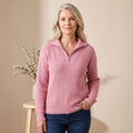 Women's Half-Zip Ribbed Sweater with Stand Collar and Raglan Sleeves - Pink