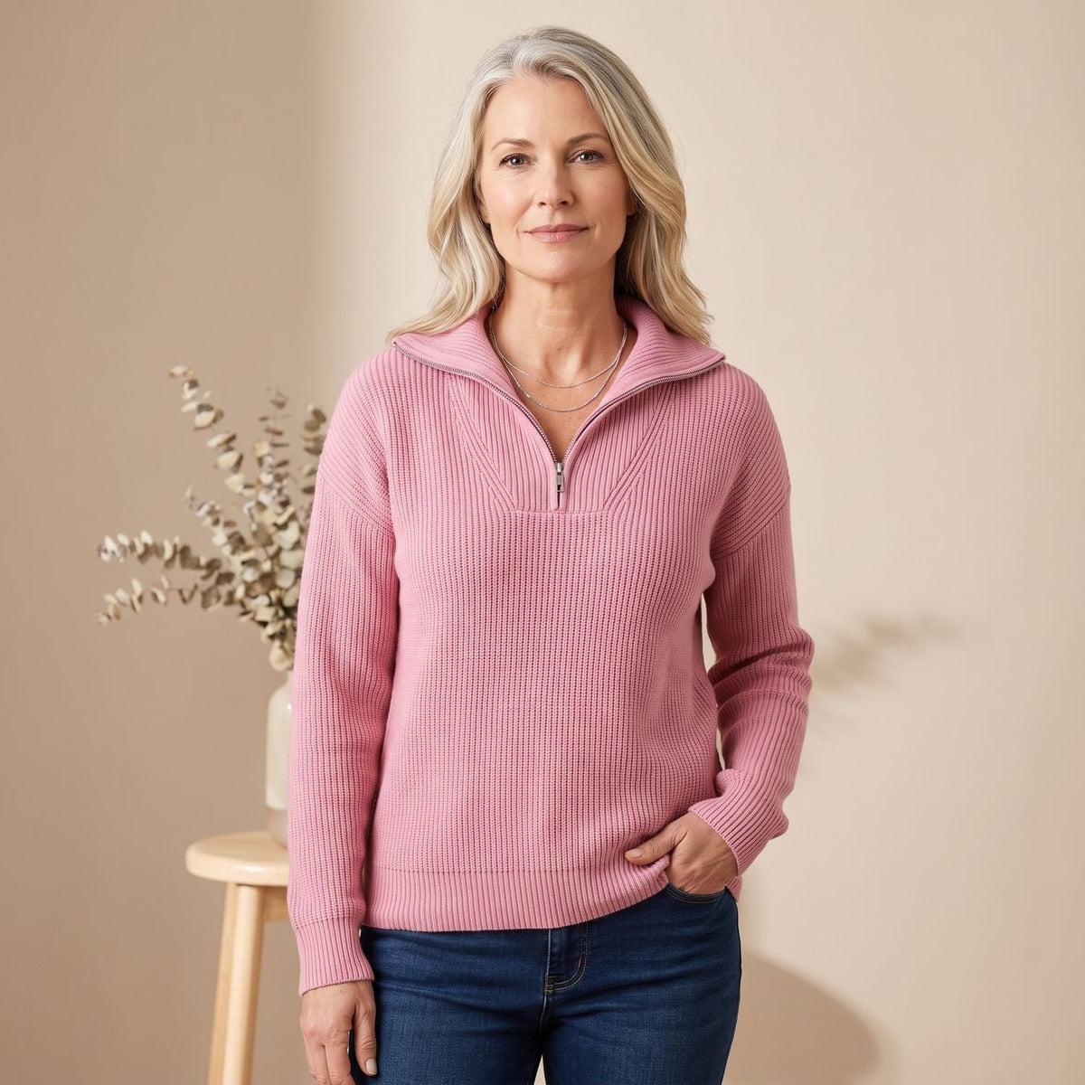 Women's Half-Zip Ribbed Sweater with Stand Collar and Raglan Sleeves - Pink