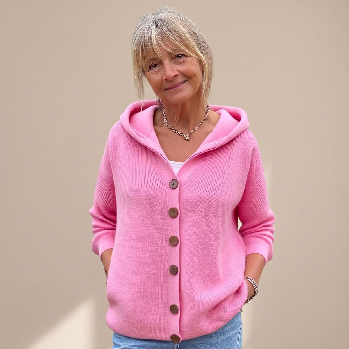 Women's Roomy Hooded Cardigan with Wooden Buttons for Weekends