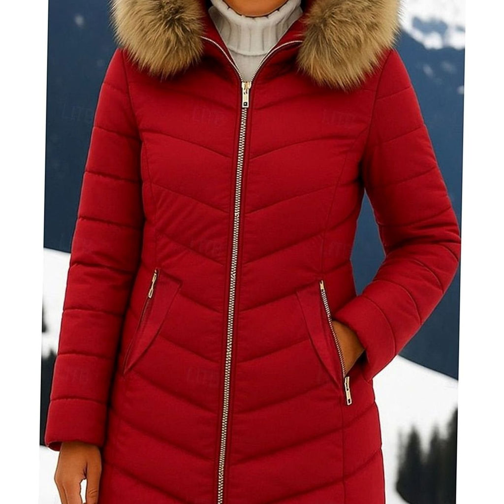 Women's Tapered-Waist Chevron Puffer Coat with Hand-Warmer Pockets - Wine Red