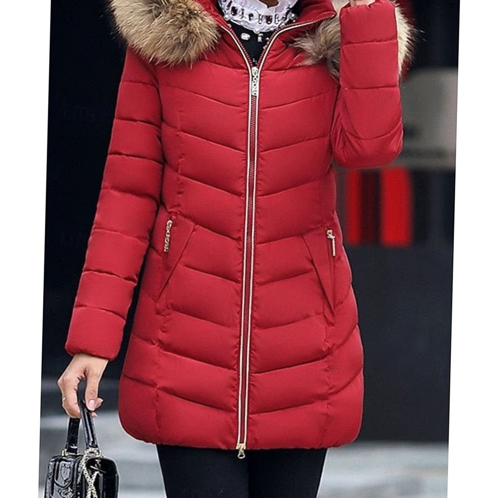 Women's Tapered-Waist Chevron Puffer Coat with Hand-Warmer Pockets