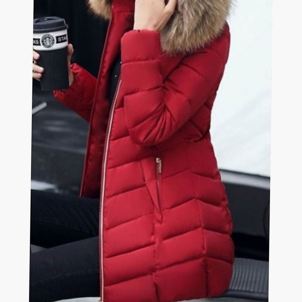 Women's Tapered-Waist Chevron Puffer Coat with Hand-Warmer Pockets