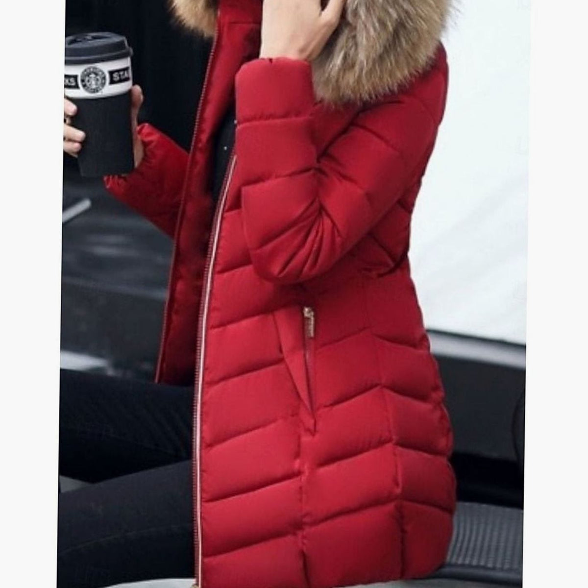 Women's Tapered-Waist Chevron Puffer Coat with Hand-Warmer Pockets