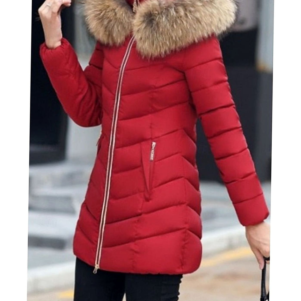 Women's Tapered-Waist Chevron Puffer Coat with Hand-Warmer Pockets