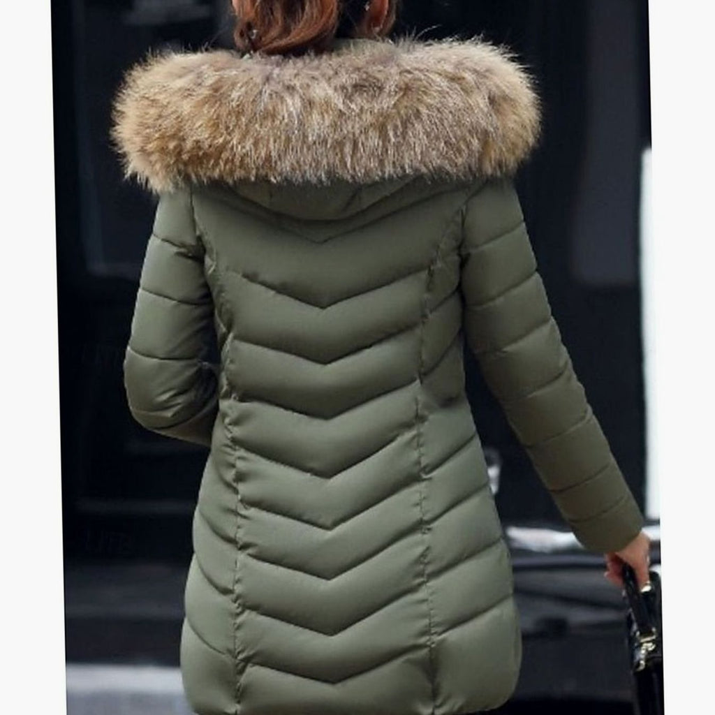 Women's Tapered-Waist Chevron Puffer Coat with Hand-Warmer Pockets