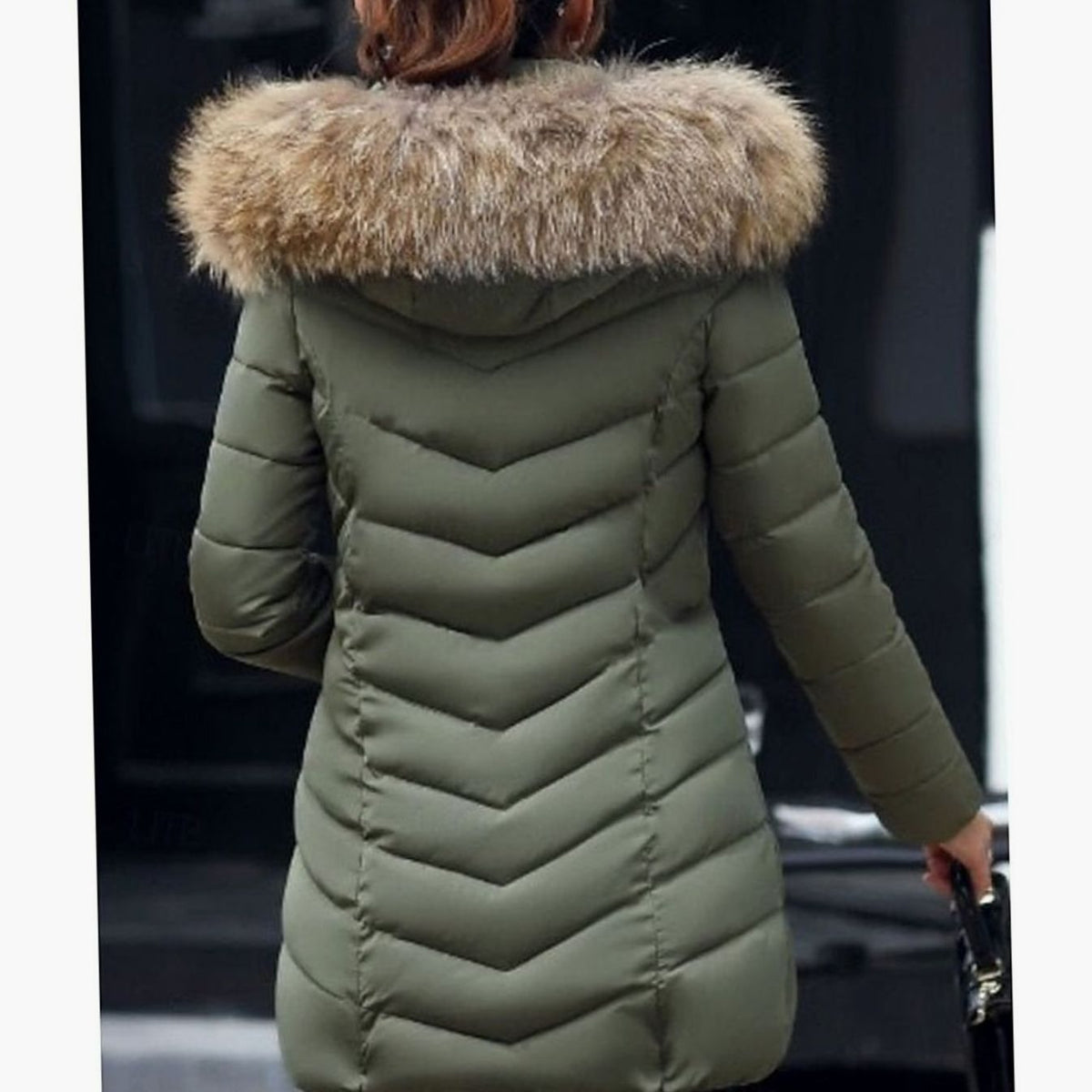 Women's Tapered-Waist Chevron Puffer Coat with Hand-Warmer Pockets
