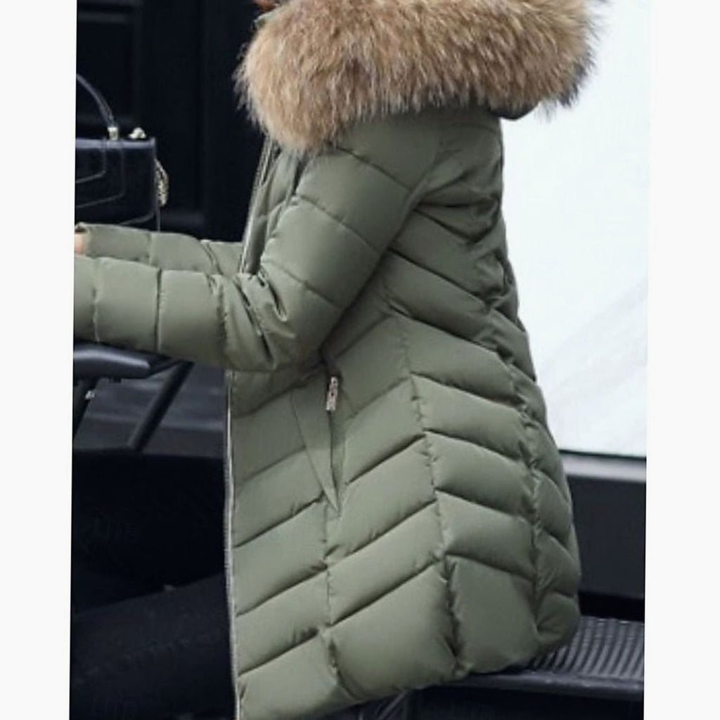Women's Tapered-Waist Chevron Puffer Coat with Hand-Warmer Pockets