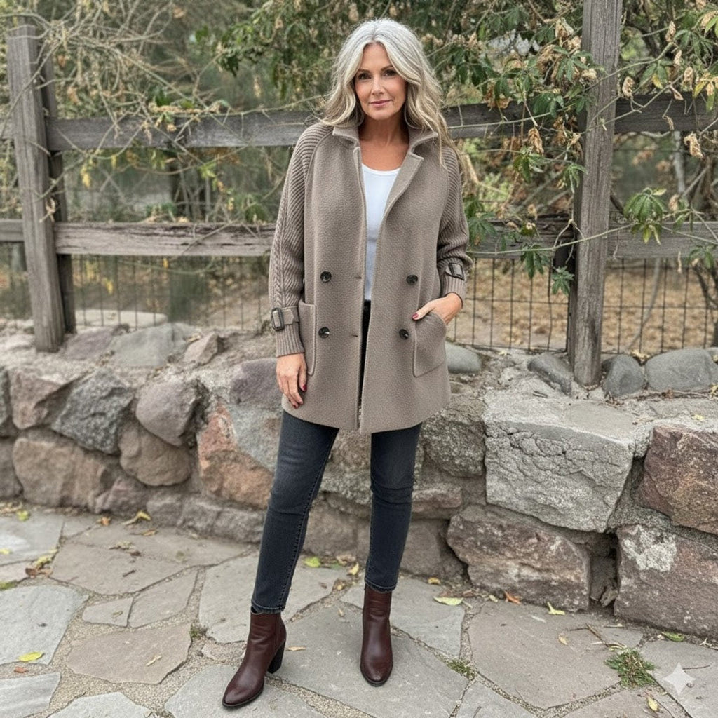 Women's Cable-Knit Sleeve Patch-Pocket Coat with Double-Breasted Front