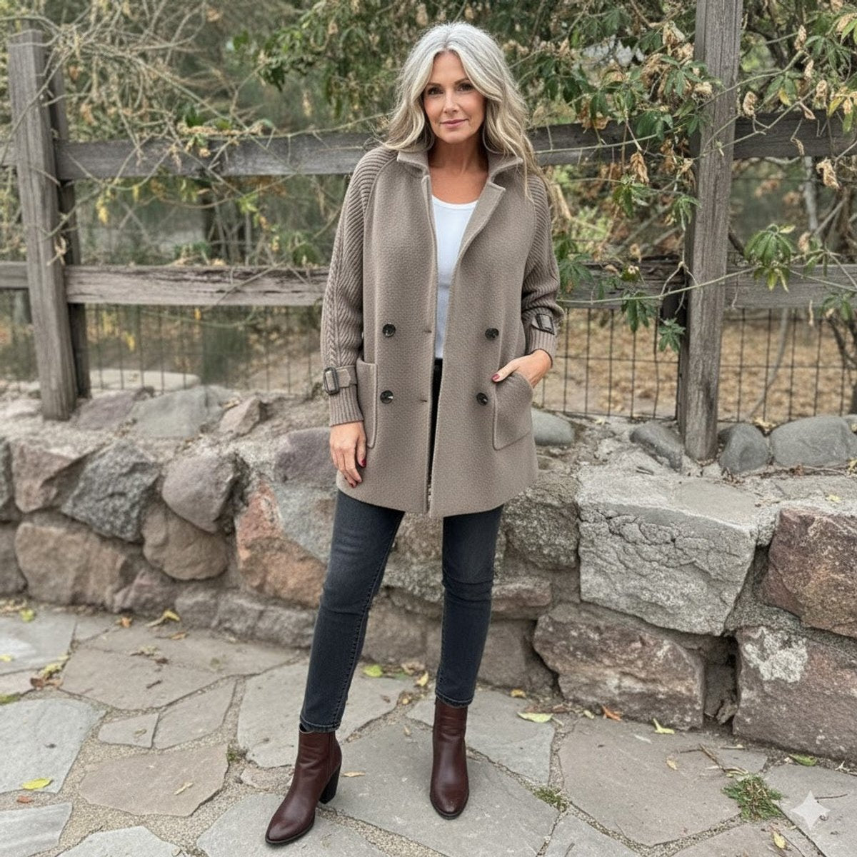 Women's Cable-Knit Sleeve Patch-Pocket Coat with Double-Breasted Front