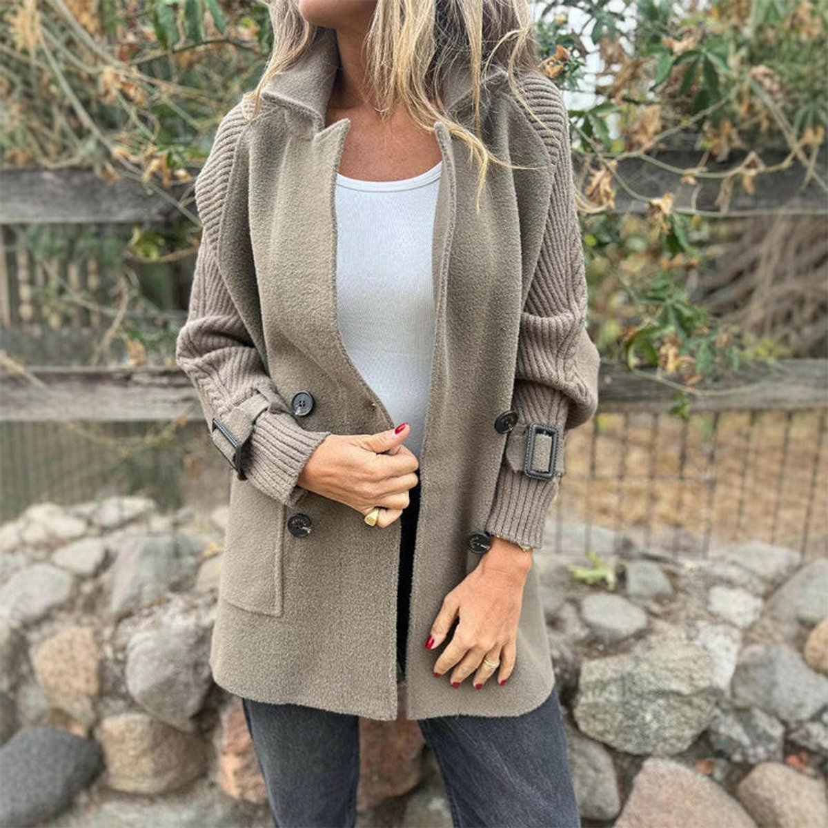 Women's Cable-Knit Sleeve Patch-Pocket Coat with Double-Breasted Front - Taupe