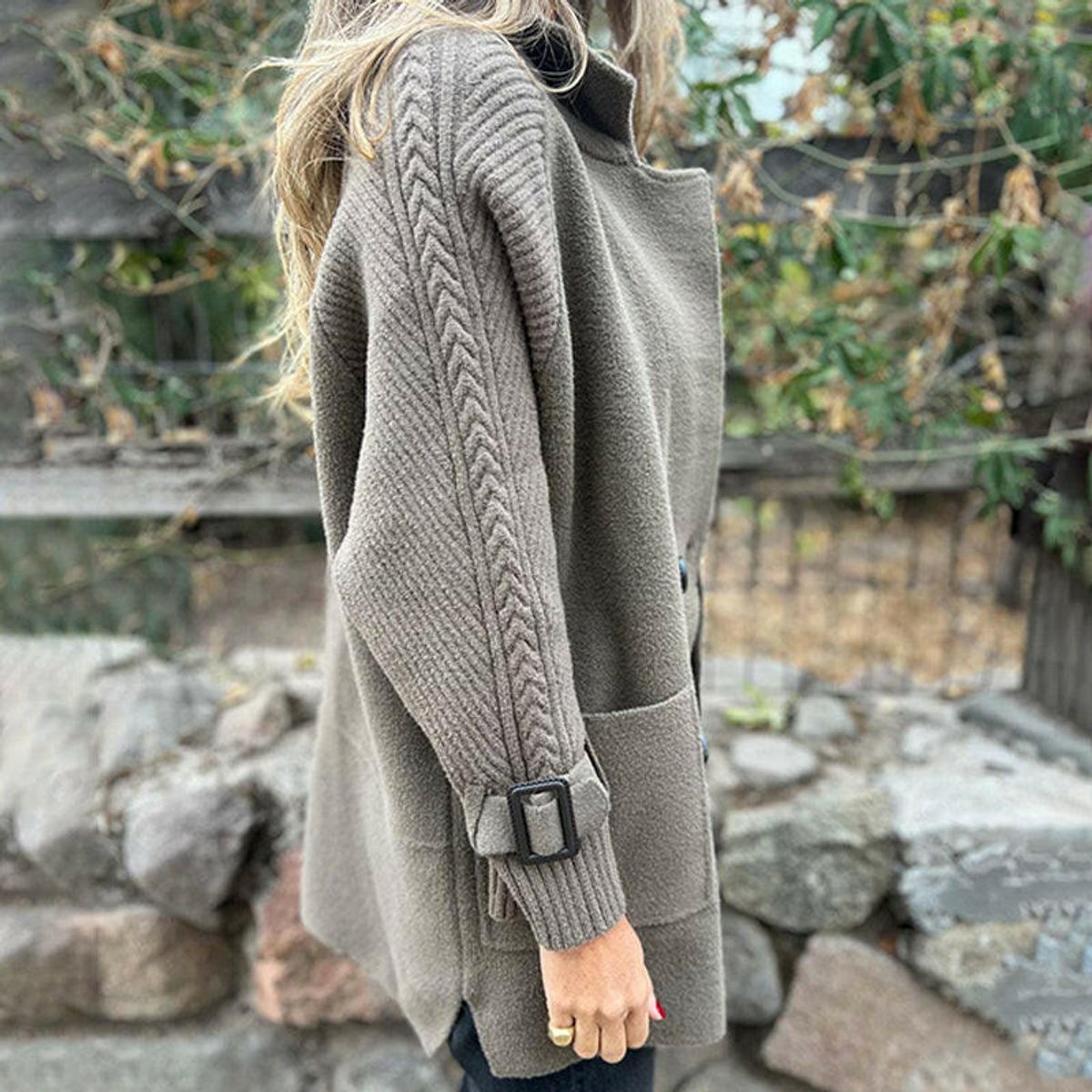 Women's Cable-Knit Sleeve Patch-Pocket Coat with Double-Breasted Front