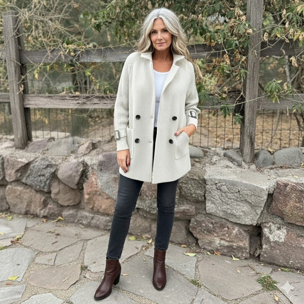 Women's Cable-Knit Sleeve Patch-Pocket Coat with Double-Breasted Front