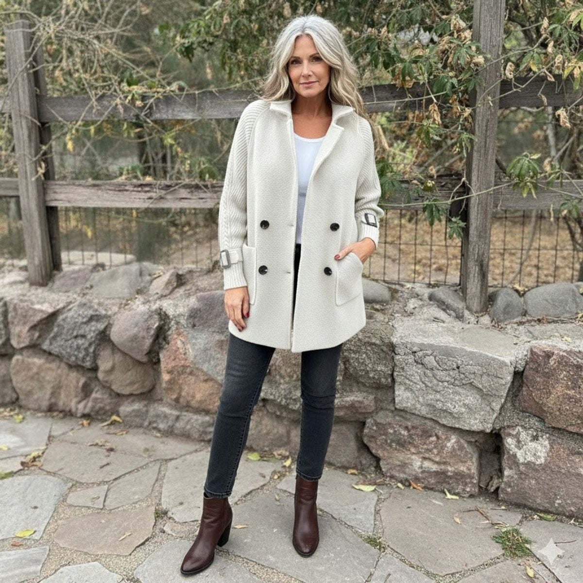 Women's Cable-Knit Sleeve Patch-Pocket Coat with Double-Breasted Front