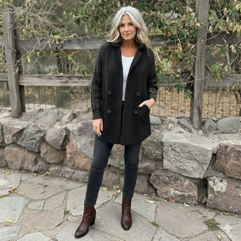 Women's Cable-Knit Sleeve Patch-Pocket Coat with Double-Breasted Front