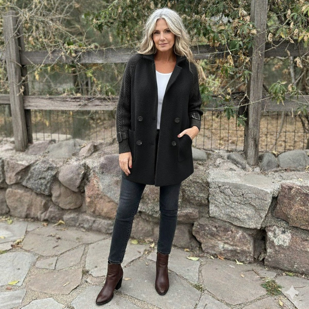Women's Cable-Knit Sleeve Patch-Pocket Coat with Double-Breasted Front