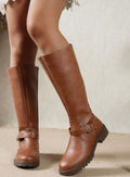 Women's Lug-Sole Knee-High Riding Boots with Equestrian Buckle - Brown