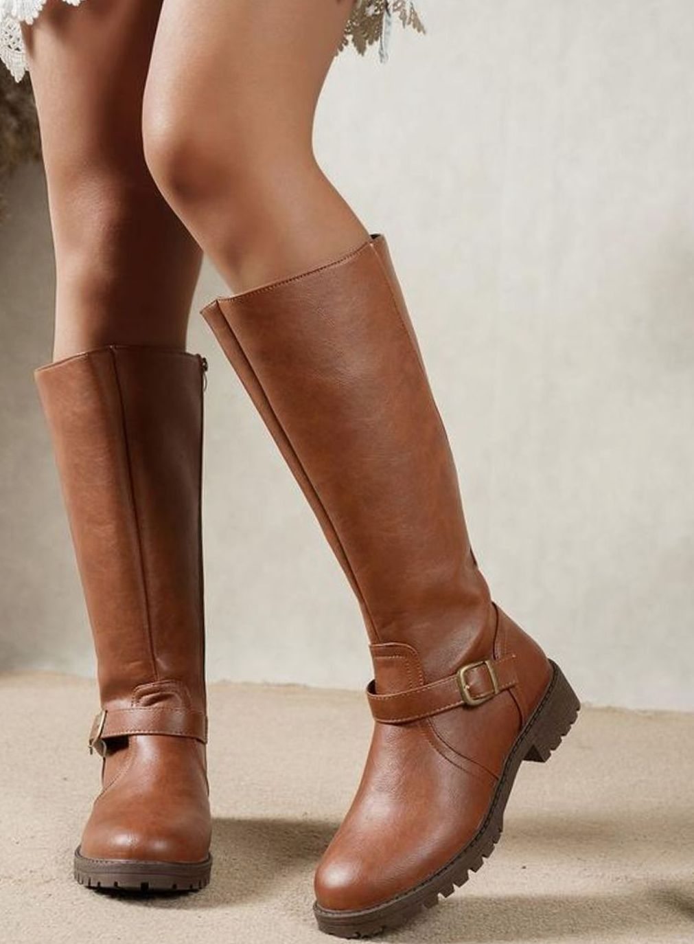 Women's Lug-Sole Knee-High Riding Boots with Equestrian Buckle - Brown