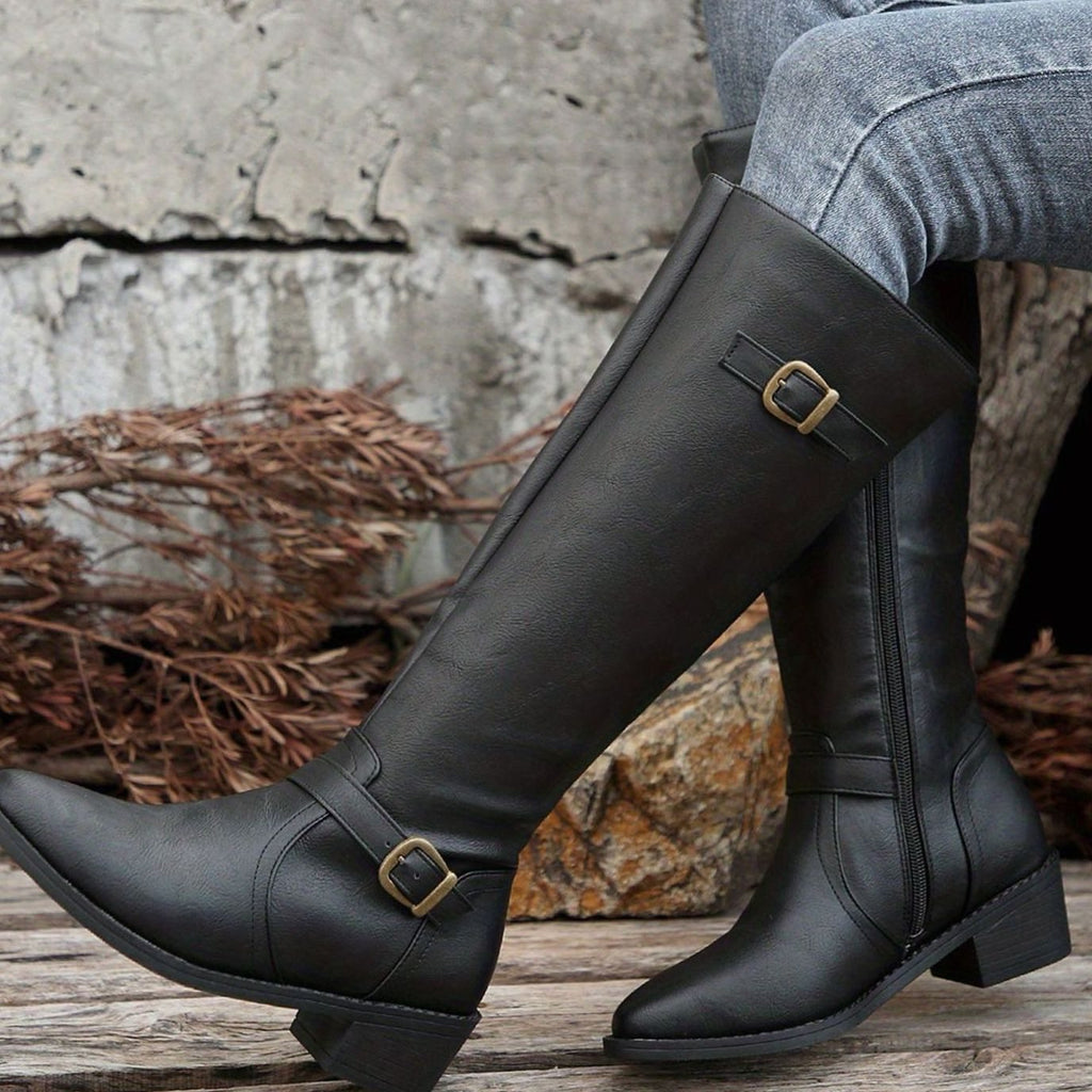Women's Buckled Knee-High Riding Boots with Low Block Heel - Black