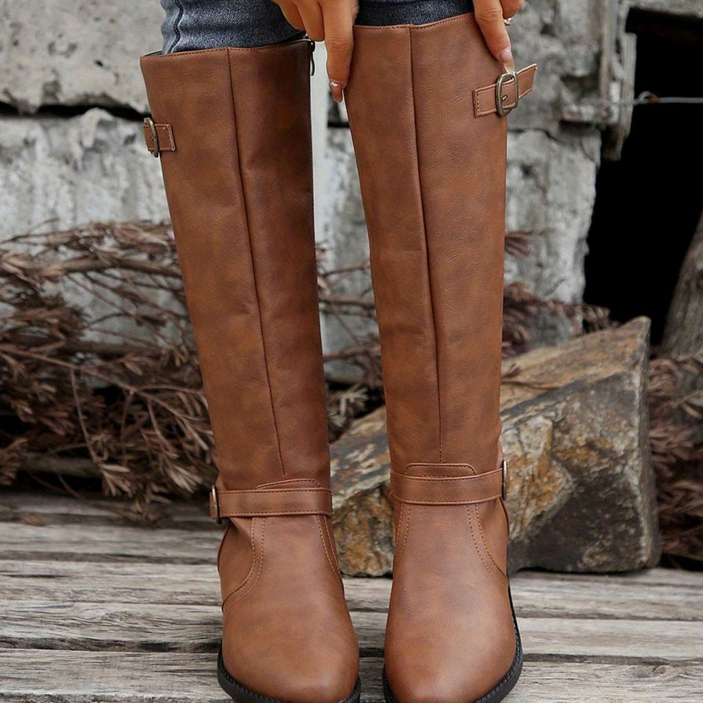 Women's Buckled Knee-High Riding Boots with Low Block Heel