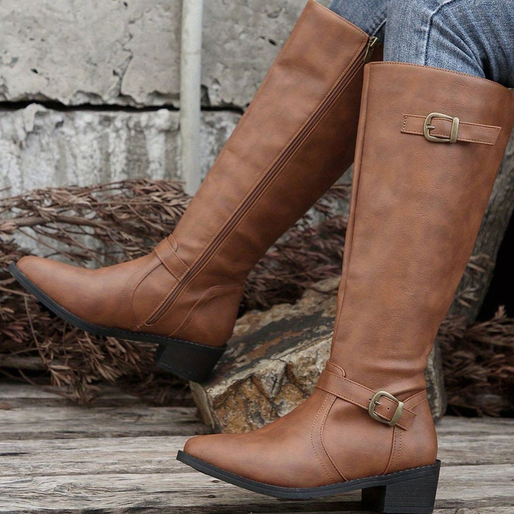 Women's Buckled Knee-High Riding Boots with Low Block Heel