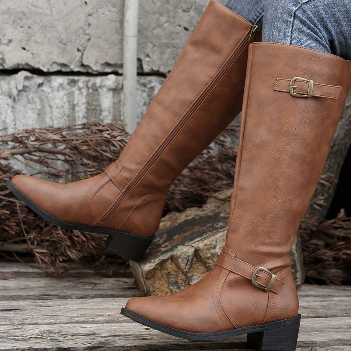 Women's Buckled Knee-High Riding Boots with Low Block Heel