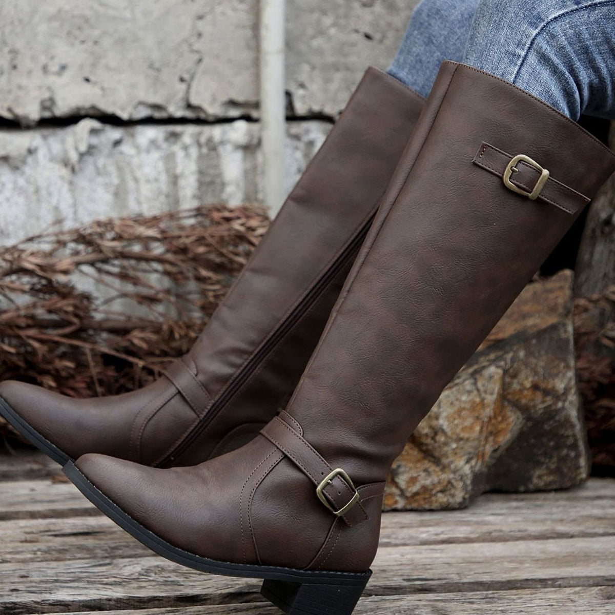 Women's Buckled Knee-High Riding Boots with Low Block Heel