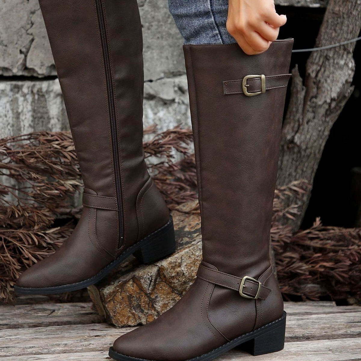 Women's Buckled Knee-High Riding Boots with Low Block Heel