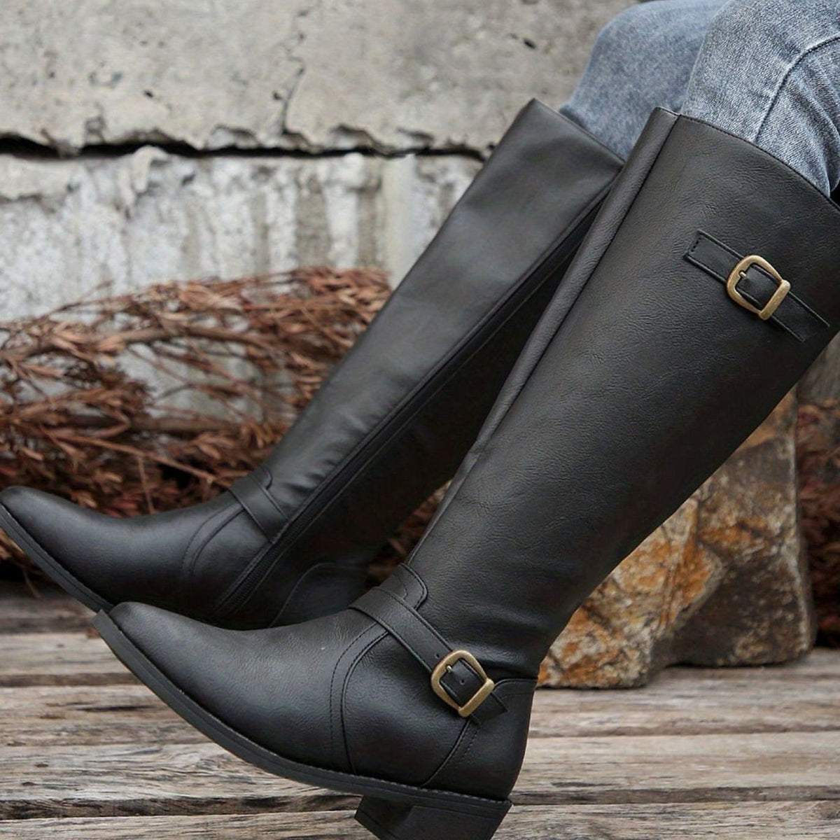 Women's Buckled Knee-High Riding Boots with Low Block Heel