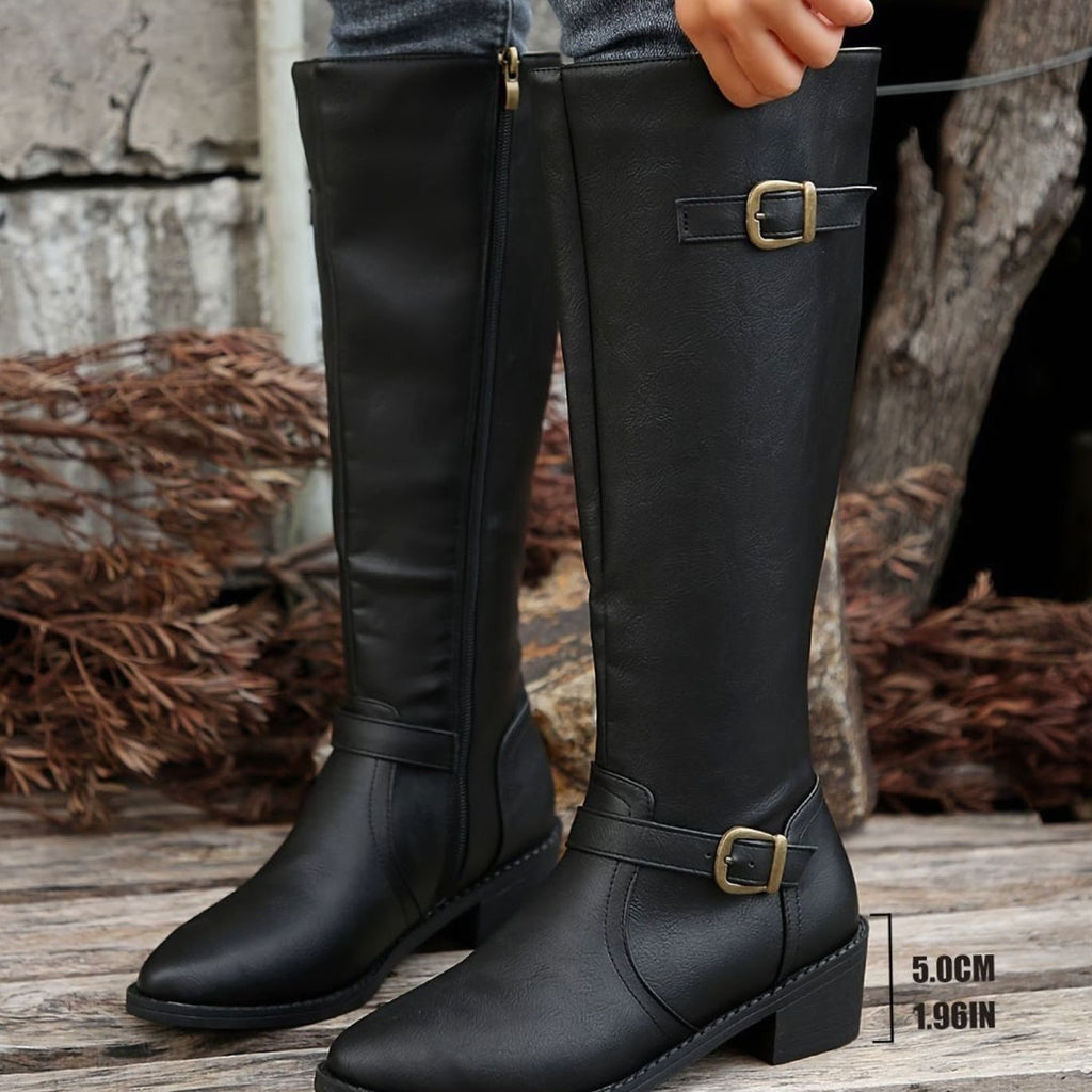 Women's Buckled Knee-High Riding Boots with Low Block Heel