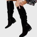 Women's Relaxed-Slouch Suede-Look Knee Boots with Low Stacked Heel - Black