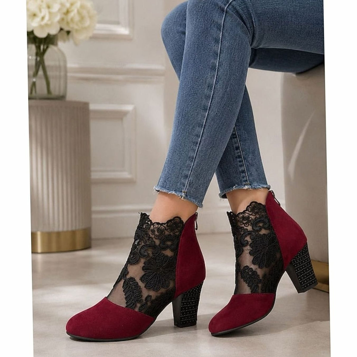 Women's Floral Lace Block Heel Booties for Weddings and Date Nights