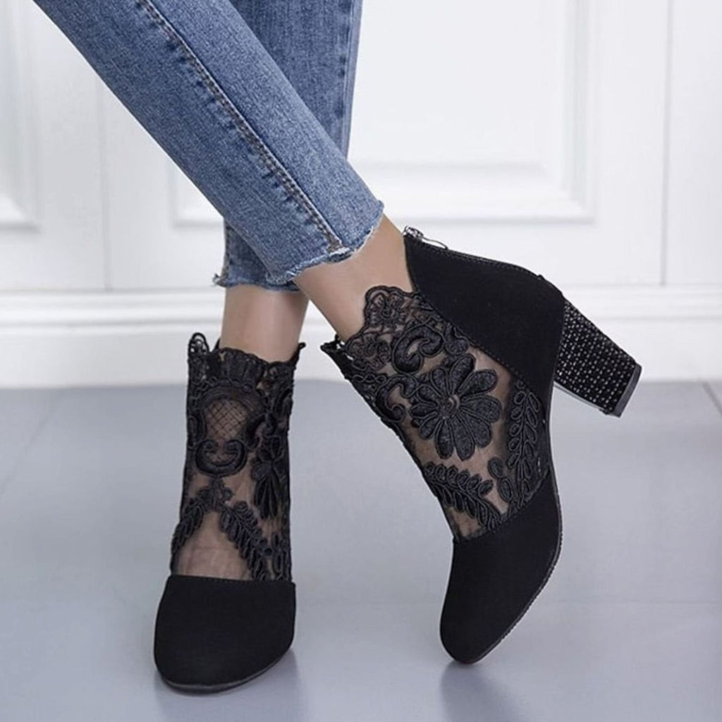 Women's Floral Lace Block Heel Booties for Weddings and Date Nights