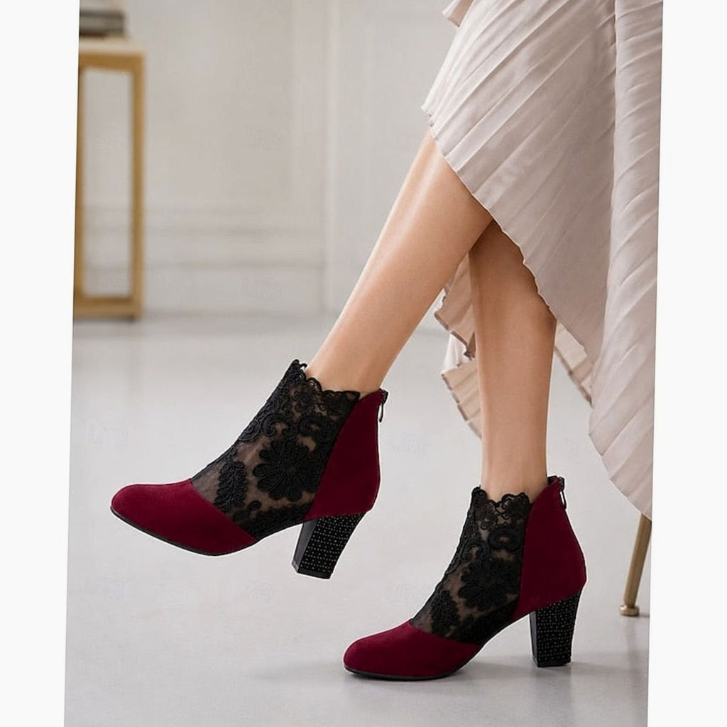 Women's Floral Lace Block Heel Booties for Weddings and Date Nights