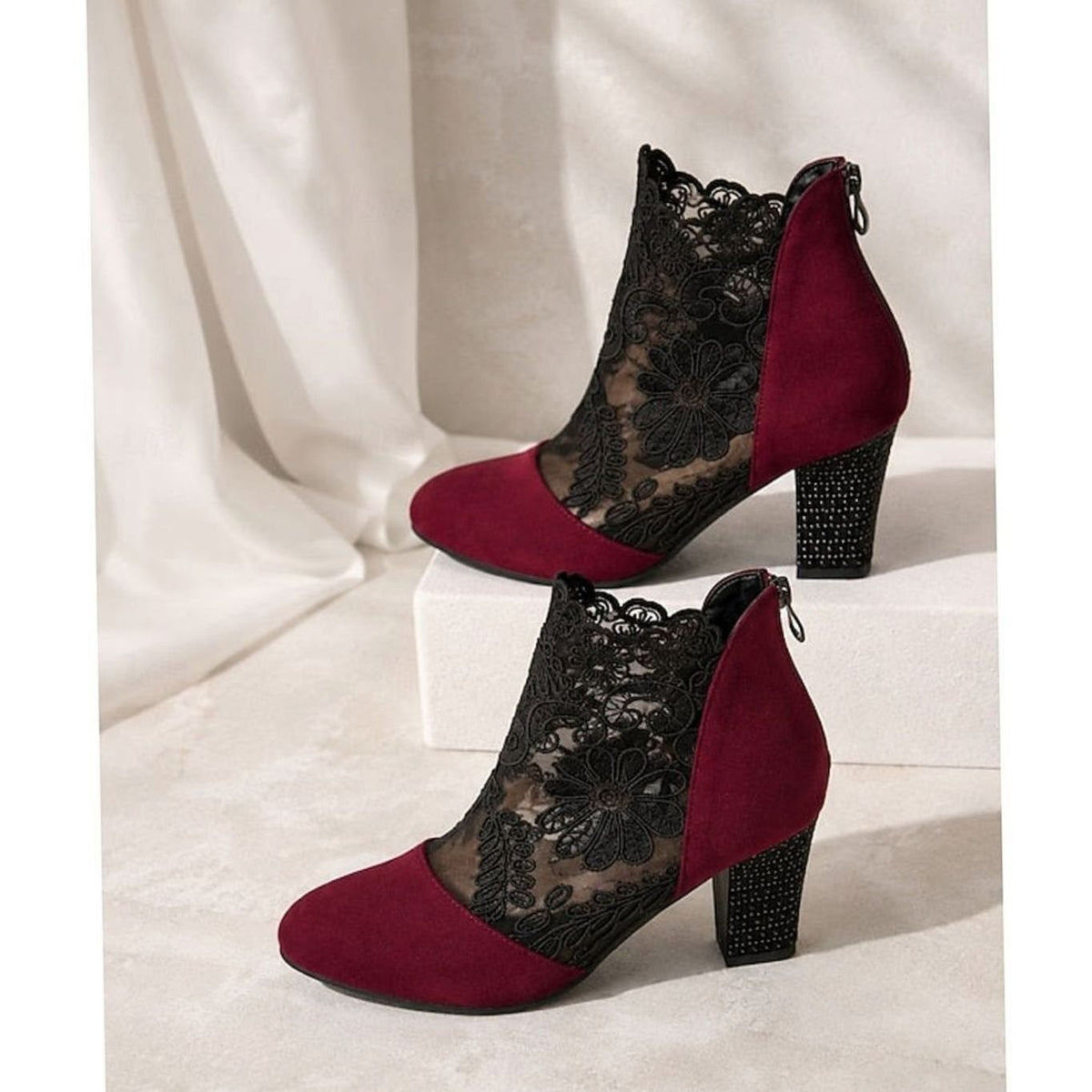 Women's Floral Lace Block Heel Booties for Weddings and Date Nights