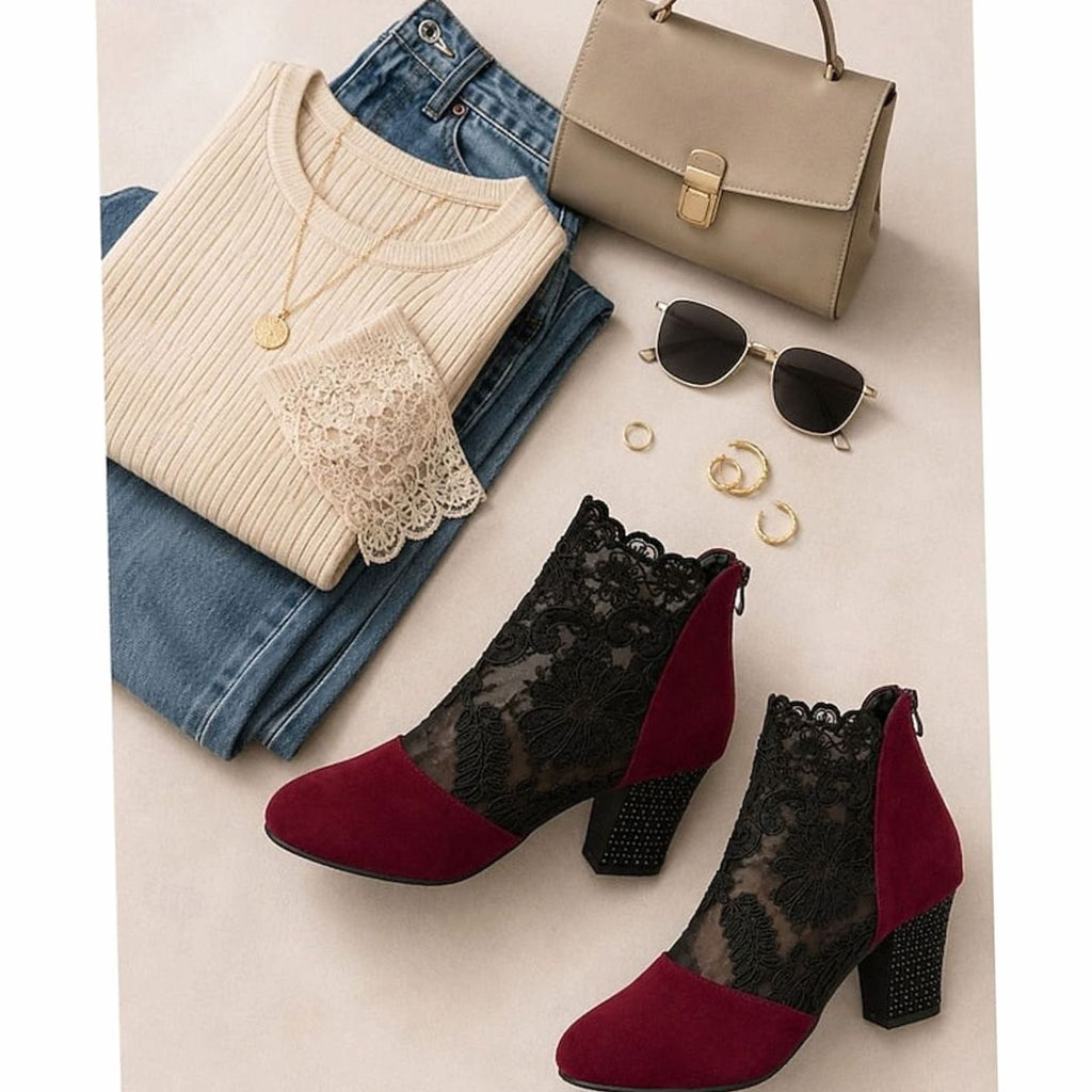 Women's Floral Lace Block Heel Booties for Weddings and Date Nights