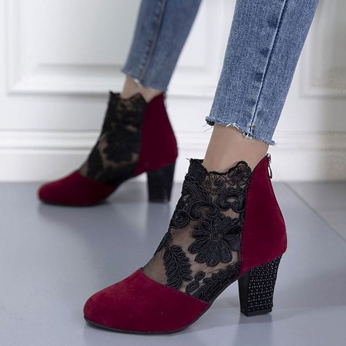 Women's Floral Lace Block Heel Booties for Weddings and Date Nights - Wine