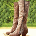 Women's Block-Heel Zip-Up Knee-High Boots with Lace Trim at the Calf - Brown