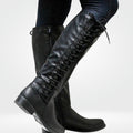 Women's Cushioned Side-Zip Tall Boots with Lace-Up Back - Black