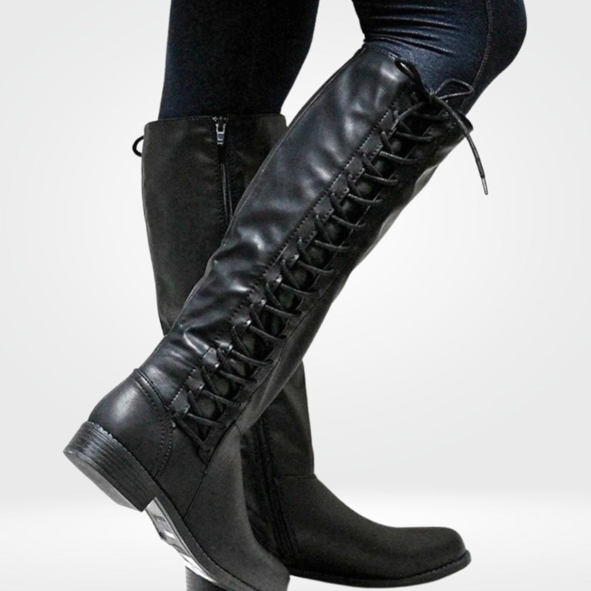 Women's Cushioned Side-Zip Tall Boots with Lace-Up Back - Black