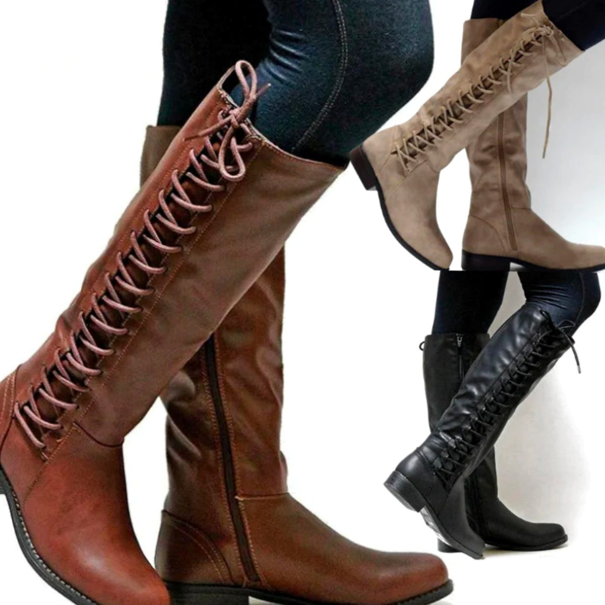 Women's Cushioned Side-Zip Tall Boots with Lace-Up Back