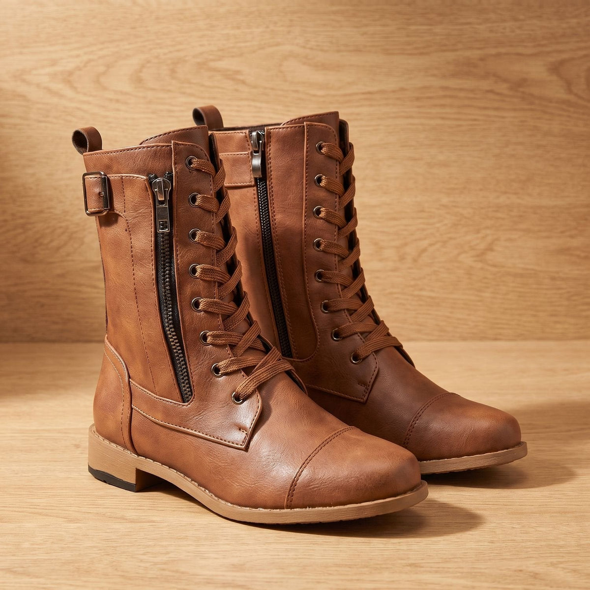 Women's Mid-Calf Military-Style Lace-Up Boots with Zip and Buckle