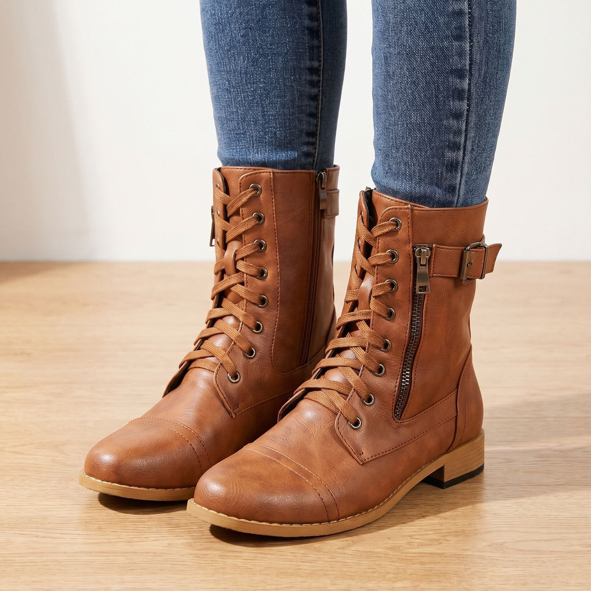 Women's Mid-Calf Military-Style Lace-Up Boots with Zip and Buckle