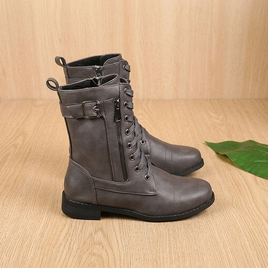 Women's Mid-Calf Military-Style Lace-Up Boots with Zip and Buckle
