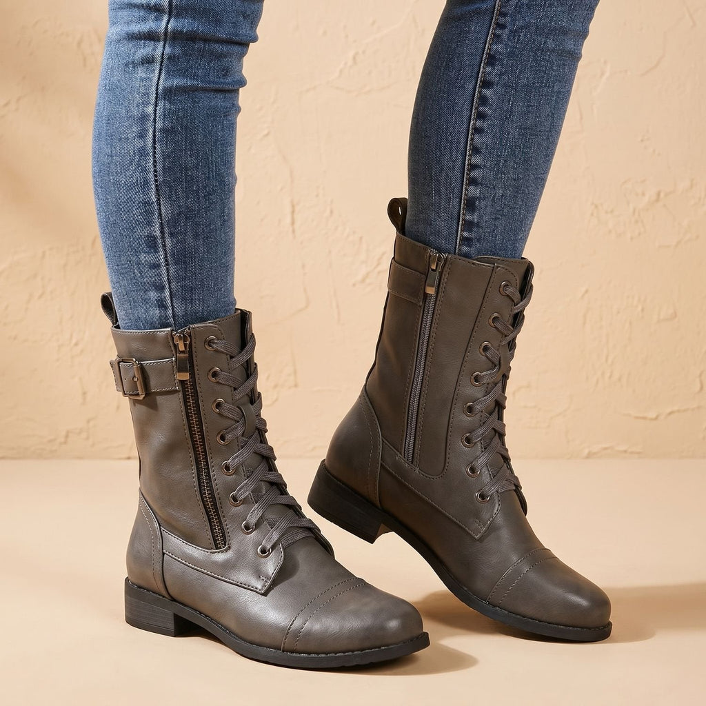 Women's Mid-Calf Military-Style Lace-Up Boots with Zip and Buckle