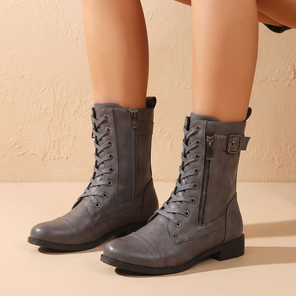 Women's Mid-Calf Military-Style Lace-Up Boots with Zip and Buckle