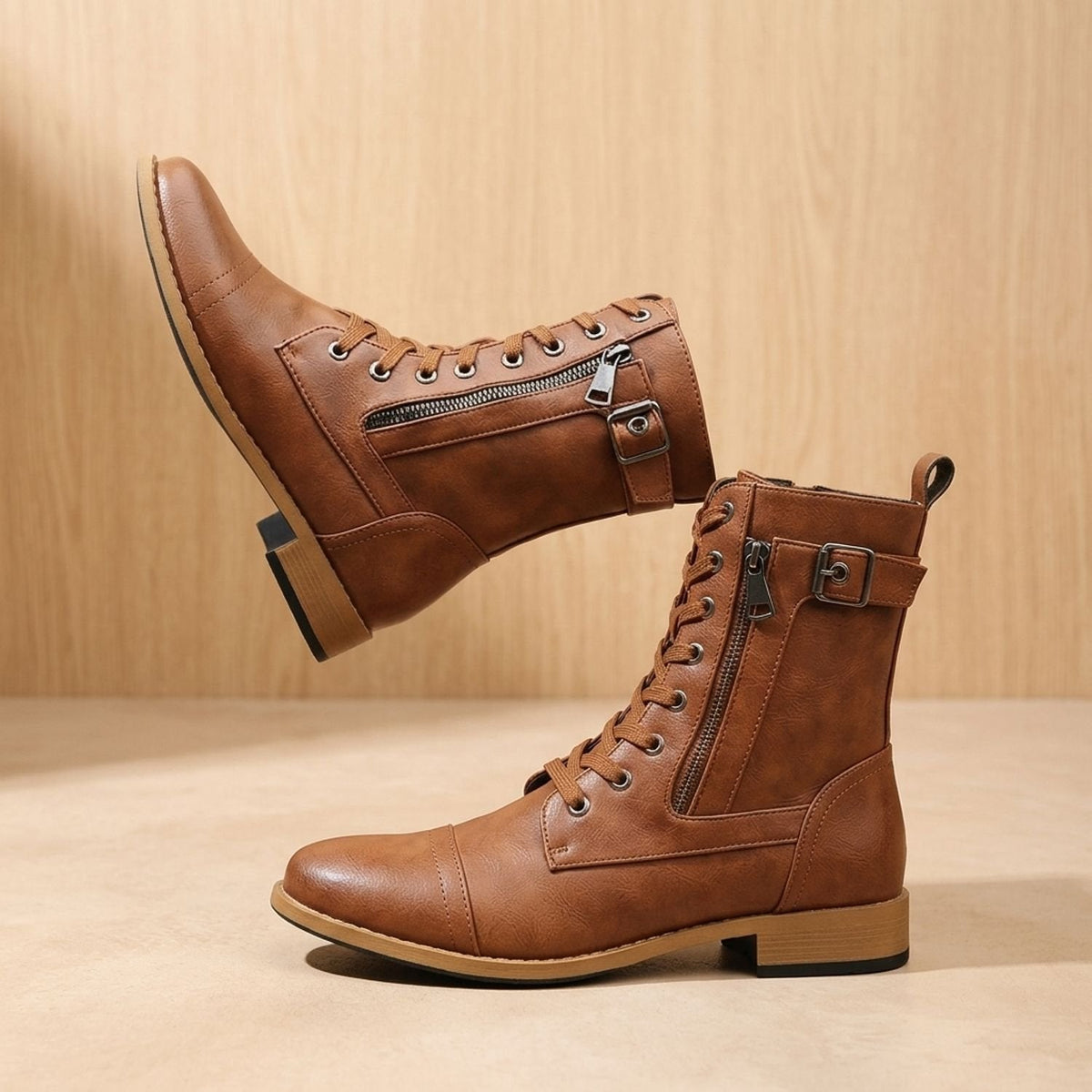 Women's Mid-Calf Military-Style Lace-Up Boots with Zip and Buckle